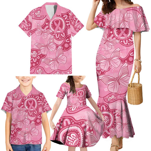 Australia Indigenous Family Matching Mermaid Dress and Hawaiian Shirt Breast Cancer Pink Aboriginal Butterfly