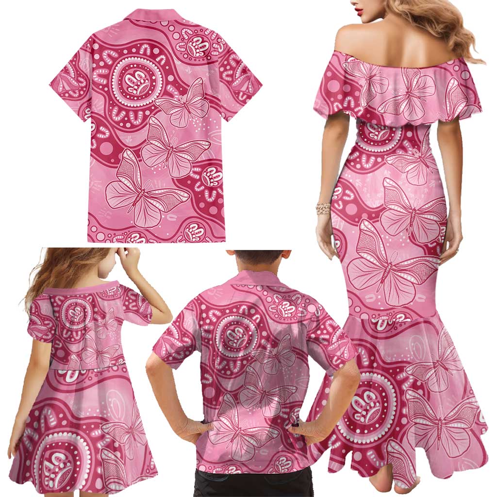 Australia Indigenous Family Matching Mermaid Dress and Hawaiian Shirt Breast Cancer Pink Aboriginal Butterfly