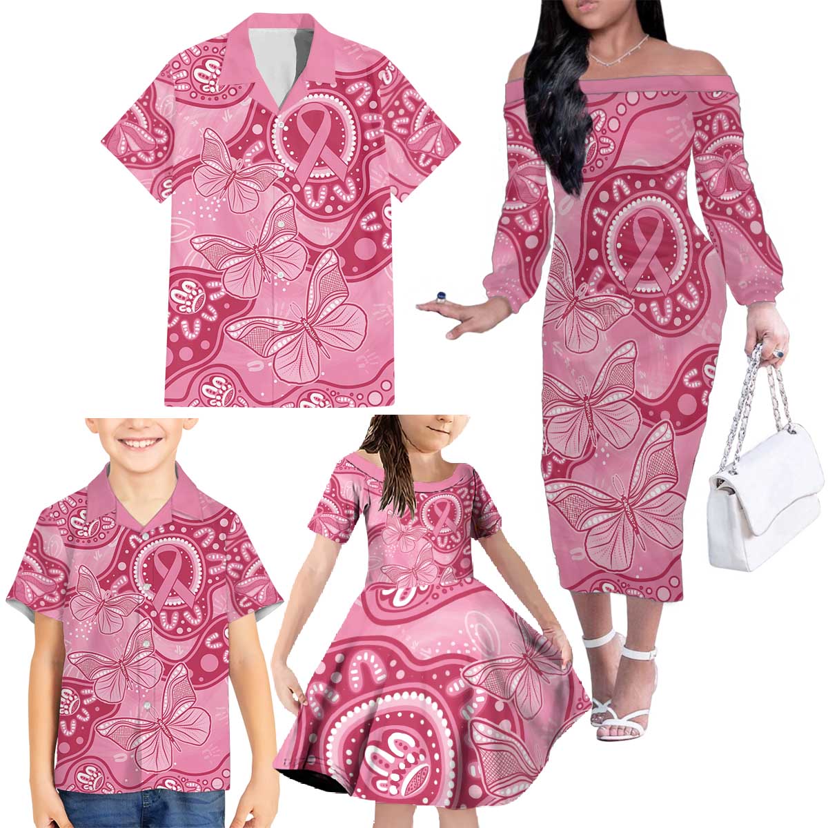 Australia Indigenous Family Matching Off The Shoulder Long Sleeve Dress and Hawaiian Shirt Breast Cancer Pink Aboriginal Butterfly