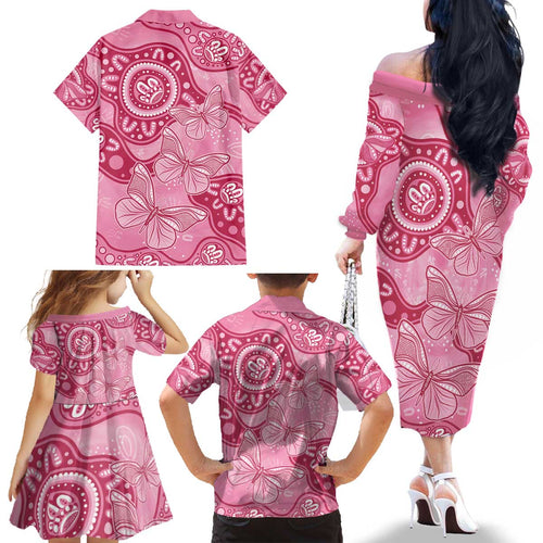 Australia Indigenous Family Matching Off The Shoulder Long Sleeve Dress and Hawaiian Shirt Breast Cancer Pink Aboriginal Butterfly