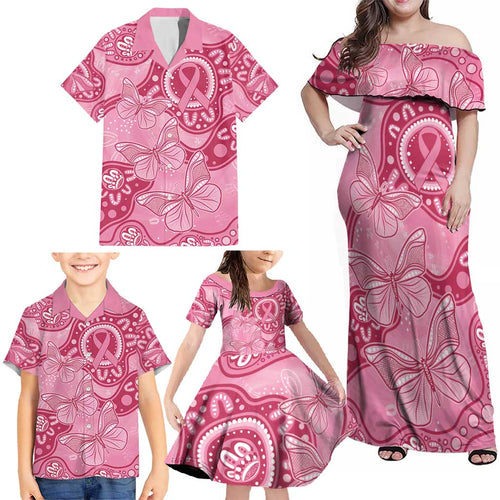Australia Indigenous Family Matching Off Shoulder Maxi Dress and Hawaiian Shirt Breast Cancer Pink Aboriginal Butterfly