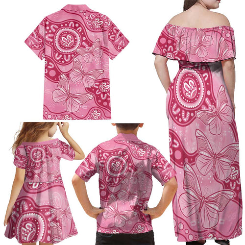 Australia Indigenous Family Matching Off Shoulder Maxi Dress and Hawaiian Shirt Breast Cancer Pink Aboriginal Butterfly