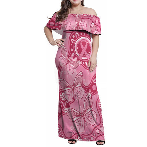 Australia Indigenous Family Matching Off Shoulder Maxi Dress and Hawaiian Shirt Breast Cancer Pink Aboriginal Butterfly