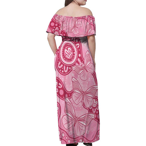 Australia Indigenous Family Matching Off Shoulder Maxi Dress and Hawaiian Shirt Breast Cancer Pink Aboriginal Butterfly