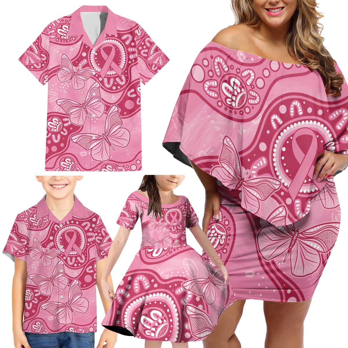 Australia Indigenous Family Matching Off Shoulder Short Dress and Hawaiian Shirt Breast Cancer Pink Aboriginal Butterfly