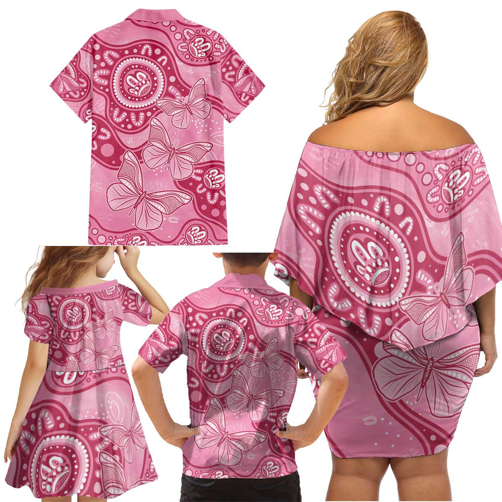 Australia Indigenous Family Matching Off Shoulder Short Dress and Hawaiian Shirt Breast Cancer Pink Aboriginal Butterfly