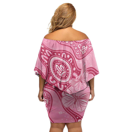 Australia Indigenous Family Matching Off Shoulder Short Dress and Hawaiian Shirt Breast Cancer Pink Aboriginal Butterfly