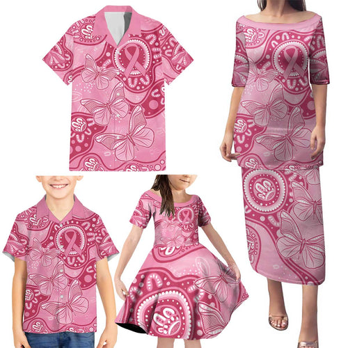Australia Indigenous Family Matching Puletasi and Hawaiian Shirt Breast Cancer Pink Aboriginal Butterfly