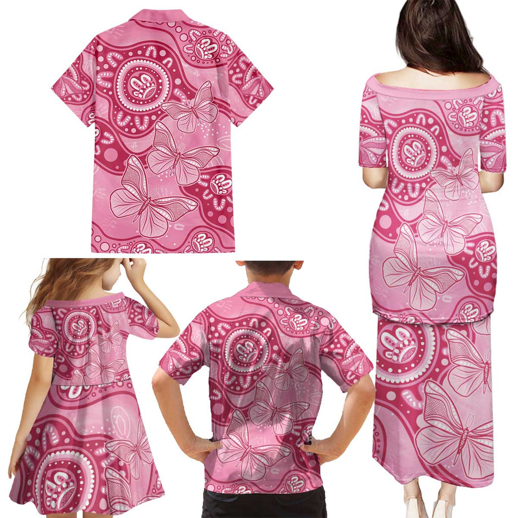 Australia Indigenous Family Matching Puletasi and Hawaiian Shirt Breast Cancer Pink Aboriginal Butterfly