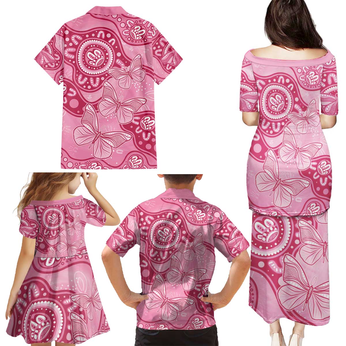 Australia Indigenous Family Matching Puletasi and Hawaiian Shirt Breast Cancer Pink Aboriginal Butterfly