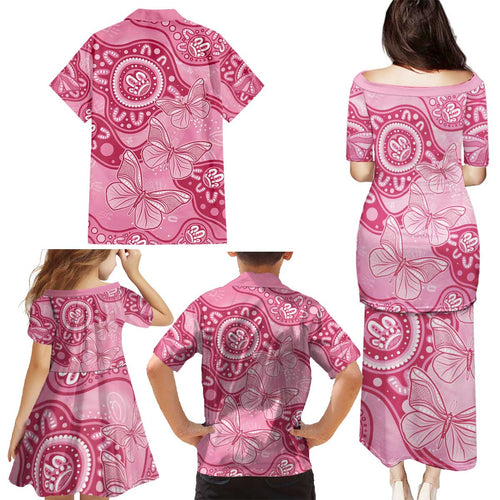 Australia Indigenous Family Matching Puletasi and Hawaiian Shirt Breast Cancer Pink Aboriginal Butterfly