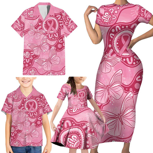 Australia Indigenous Family Matching Short Sleeve Bodycon Dress and Hawaiian Shirt Breast Cancer Pink Aboriginal Butterfly