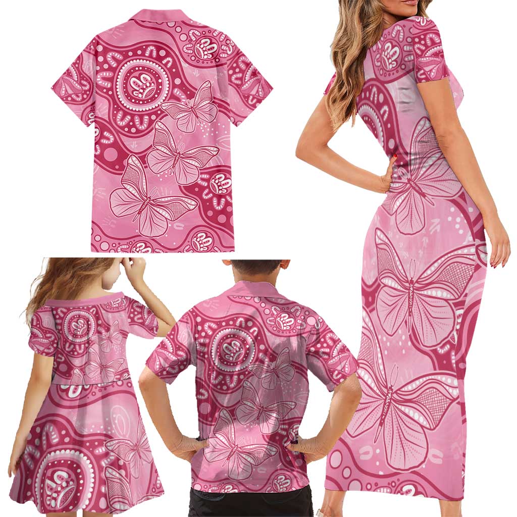 Australia Indigenous Family Matching Short Sleeve Bodycon Dress and Hawaiian Shirt Breast Cancer Pink Aboriginal Butterfly
