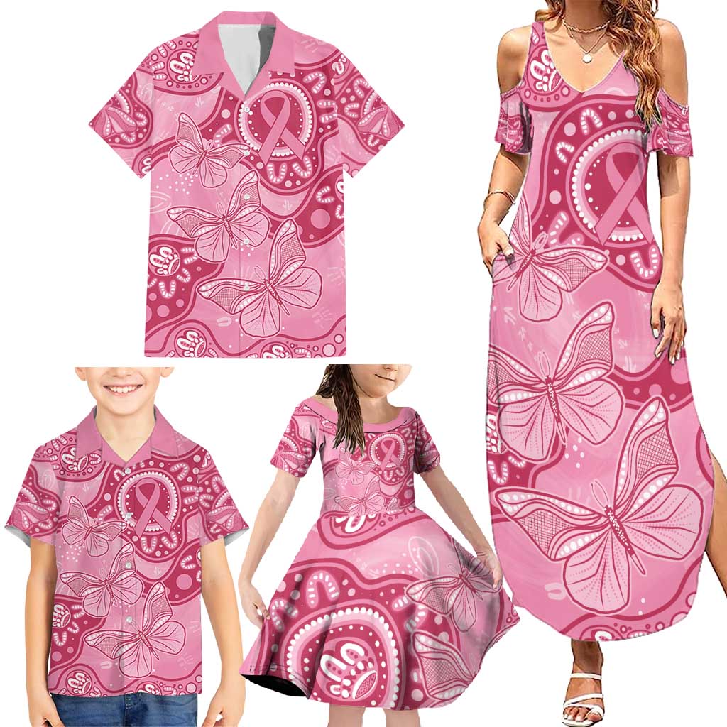 Australia Indigenous Family Matching Summer Maxi Dress and Hawaiian Shirt Breast Cancer Pink Aboriginal Butterfly