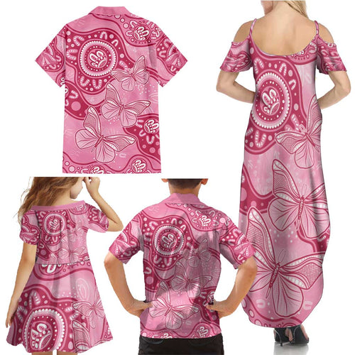 Australia Indigenous Family Matching Summer Maxi Dress and Hawaiian Shirt Breast Cancer Pink Aboriginal Butterfly