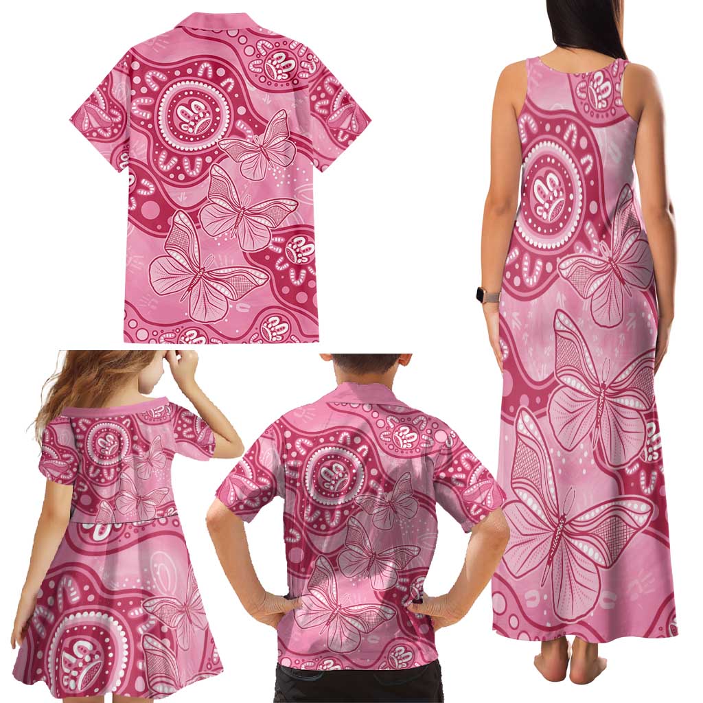 Australia Indigenous Family Matching Tank Maxi Dress and Hawaiian Shirt Breast Cancer Pink Aboriginal Butterfly