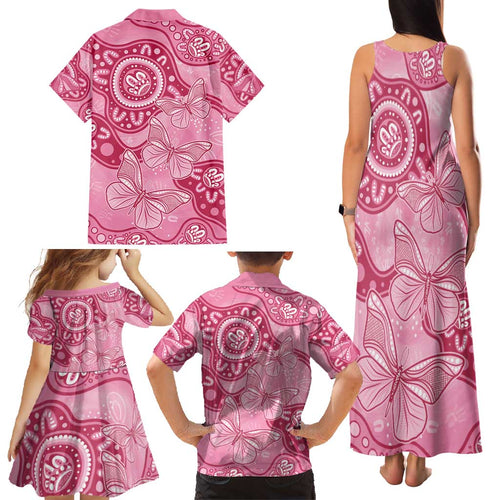 Australia Indigenous Family Matching Tank Maxi Dress and Hawaiian Shirt Breast Cancer Pink Aboriginal Butterfly