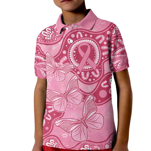Australia Indigenous Kid Polo Shirt Breast Cancer Pink Aboriginal Butterfly