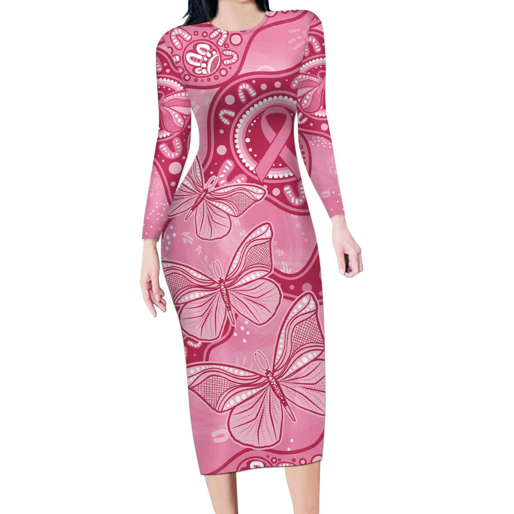 Australia Indigenous Long Sleeve Bodycon Dress Breast Cancer Pink Aboriginal Butterfly