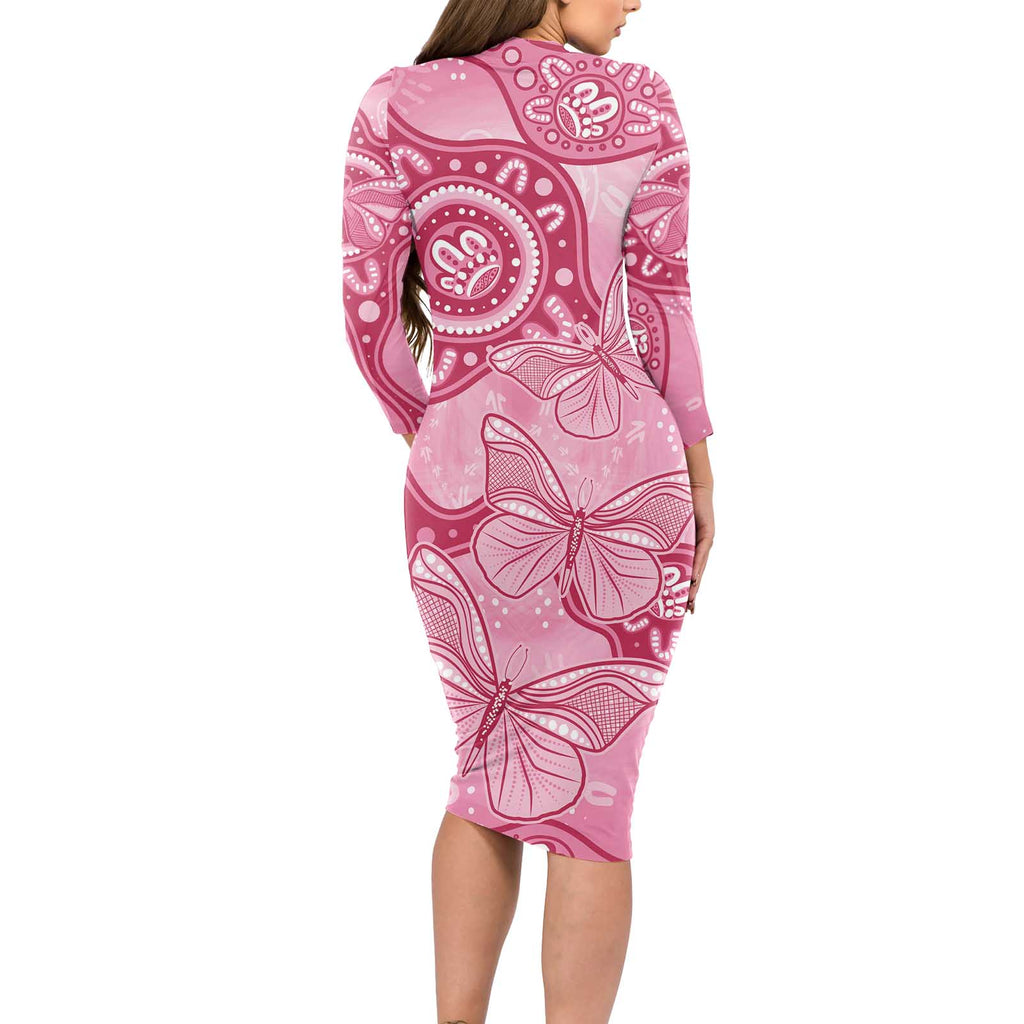 Australia Indigenous Long Sleeve Bodycon Dress Breast Cancer Pink Aboriginal Butterfly