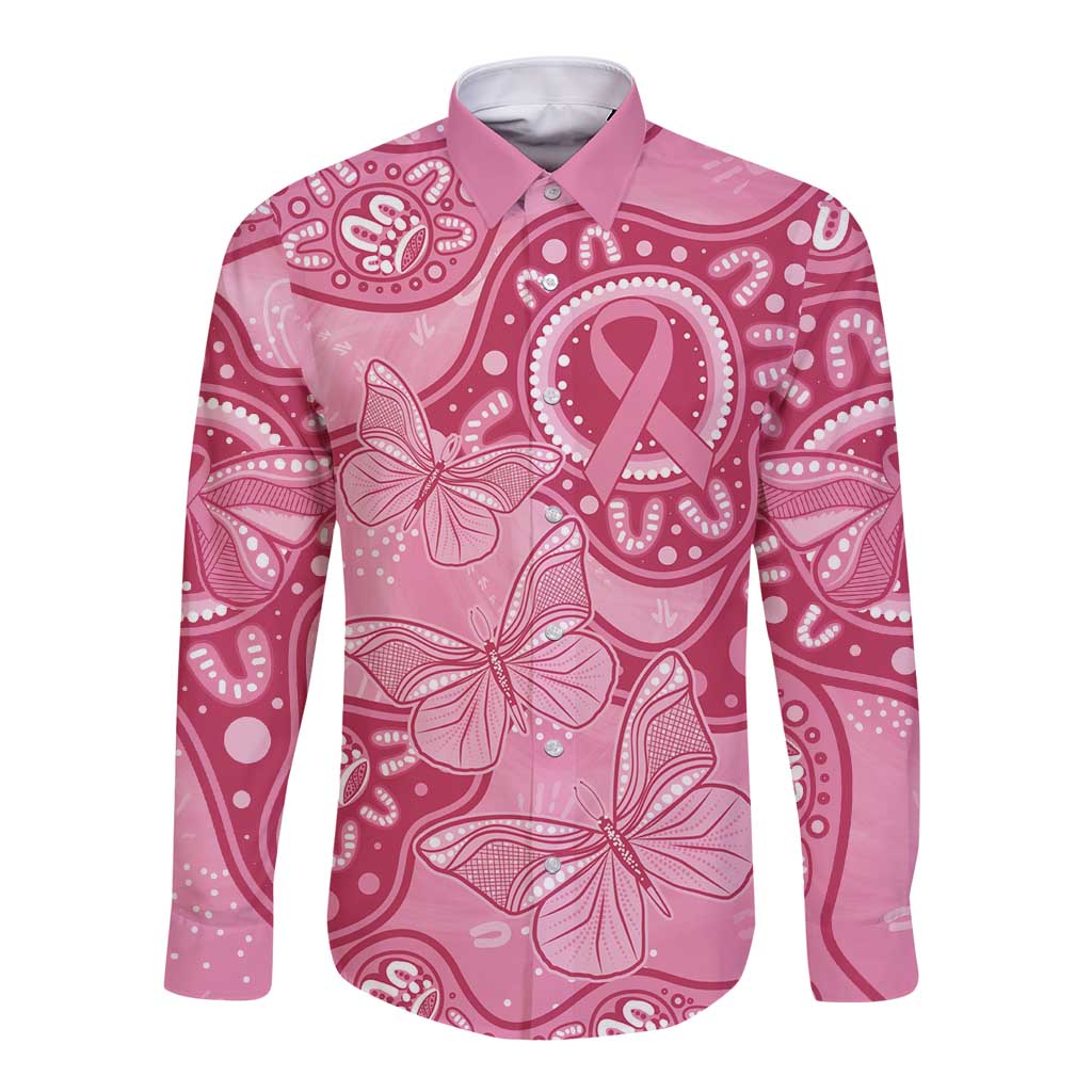 Australia Indigenous Long Sleeve Button Shirt Breast Cancer Pink Aboriginal Butterfly