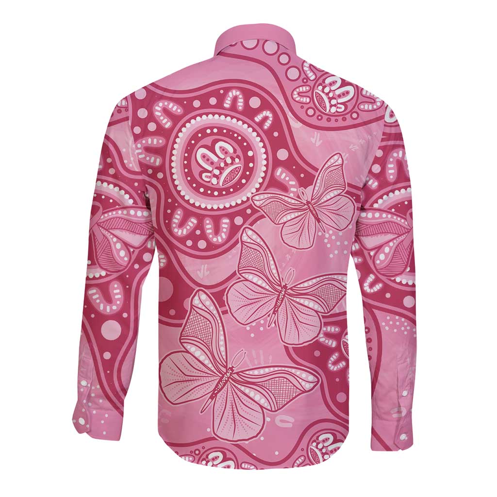 Australia Indigenous Long Sleeve Button Shirt Breast Cancer Pink Aboriginal Butterfly