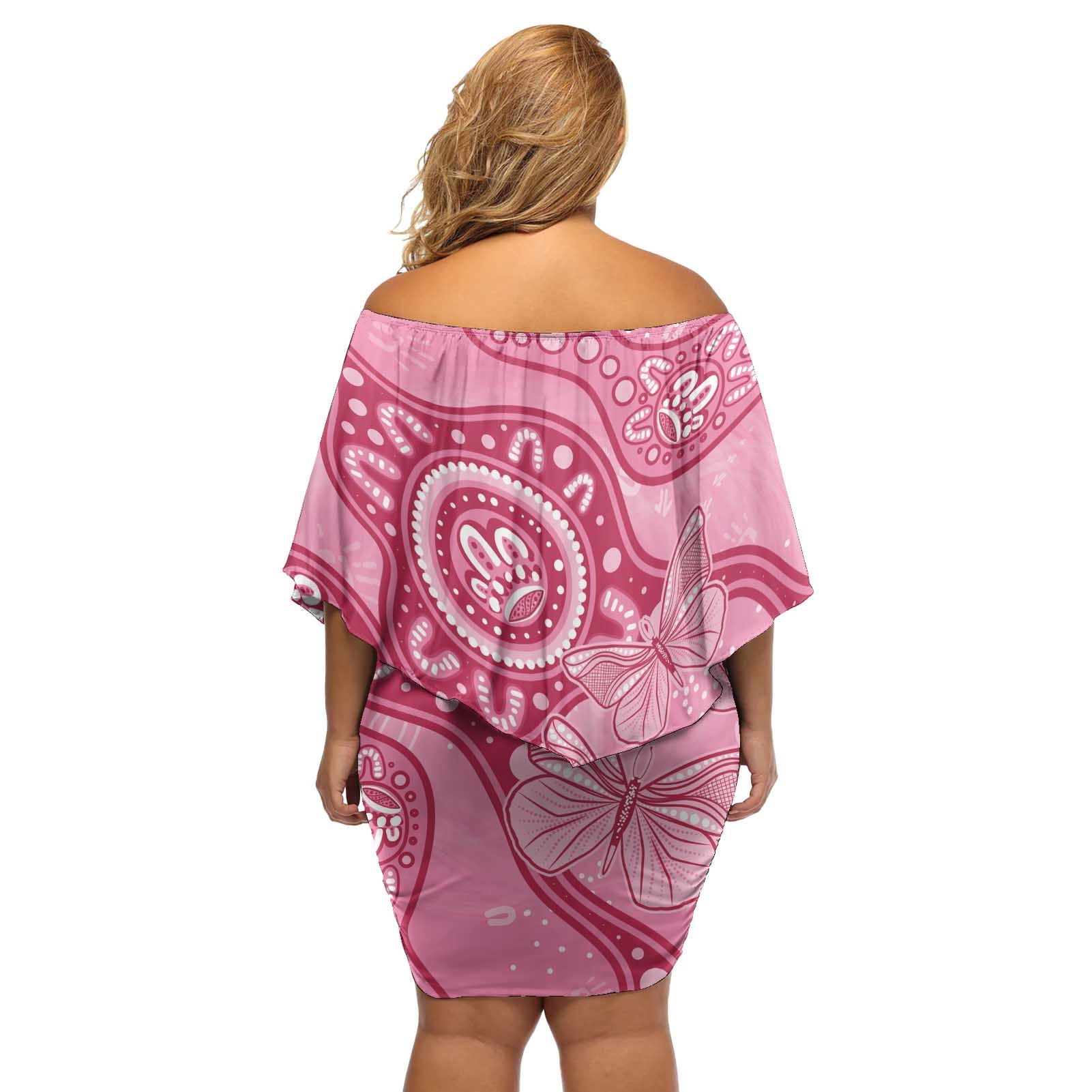 Australia Indigenous Off Shoulder Short Dress Breast Cancer Pink Aboriginal Butterfly