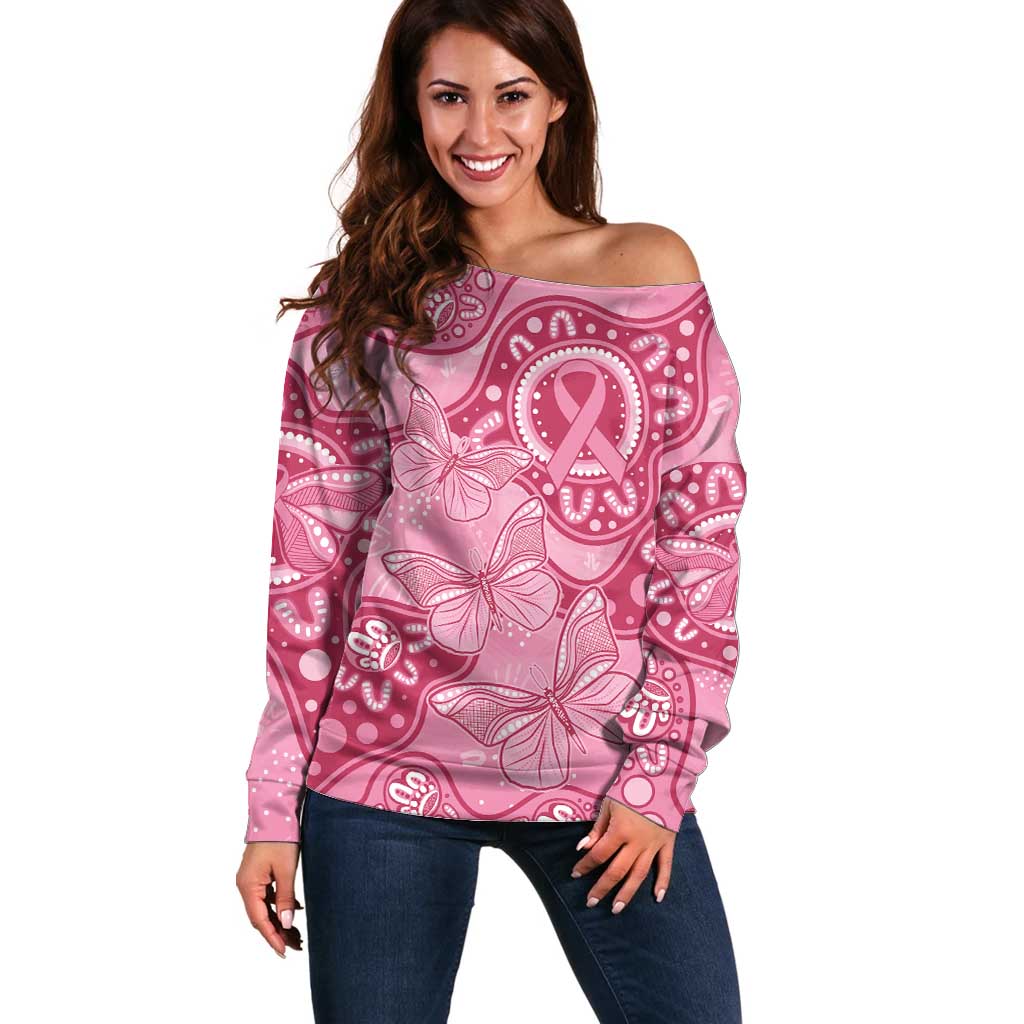 Australia Indigenous Off Shoulder Sweater Breast Cancer Pink Aboriginal Butterfly