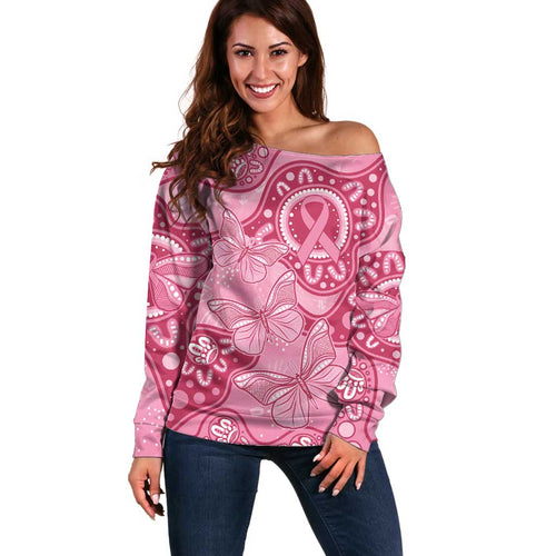 Australia Indigenous Off Shoulder Sweater Breast Cancer Pink Aboriginal Butterfly