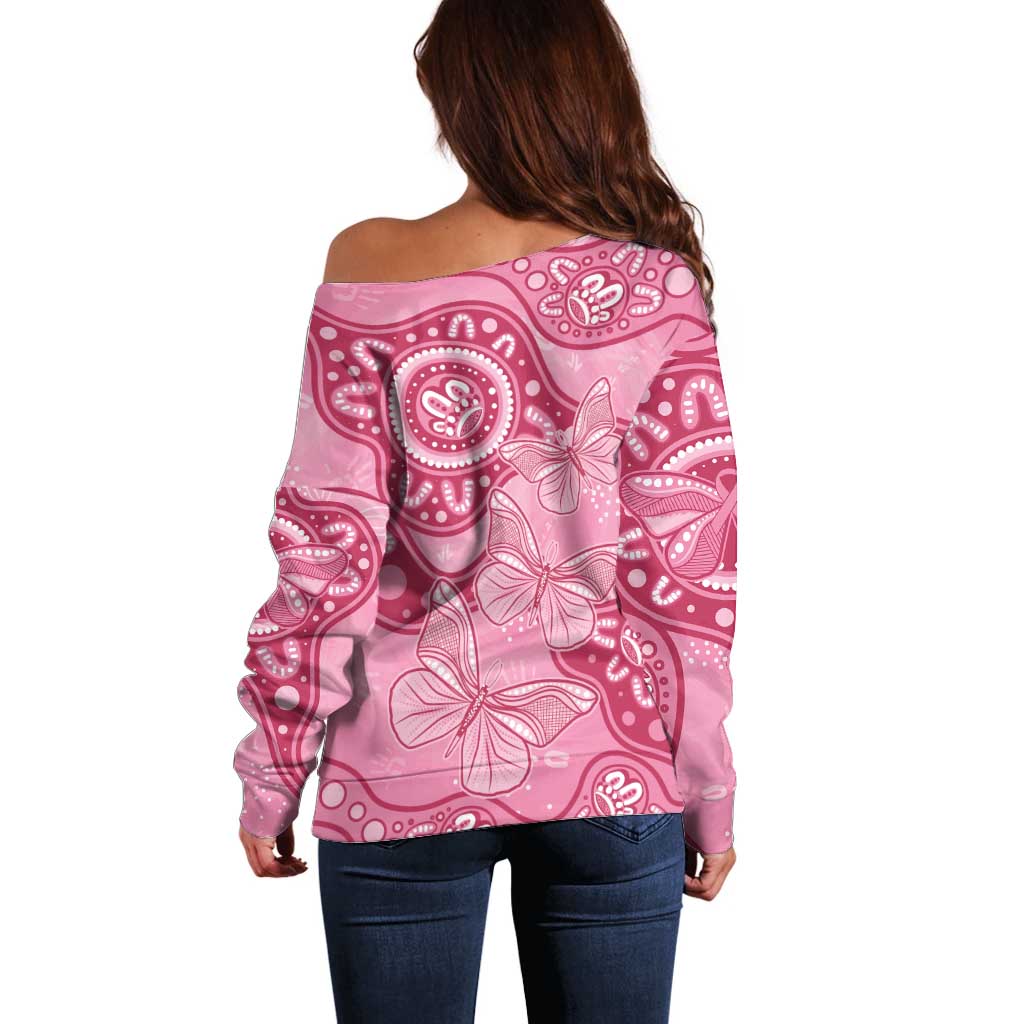 Australia Indigenous Off Shoulder Sweater Breast Cancer Pink Aboriginal Butterfly
