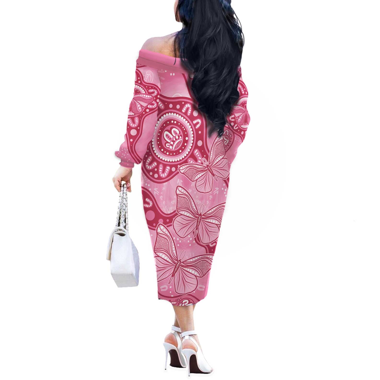 Australia Indigenous Off The Shoulder Long Sleeve Dress Breast Cancer Pink Aboriginal Butterfly