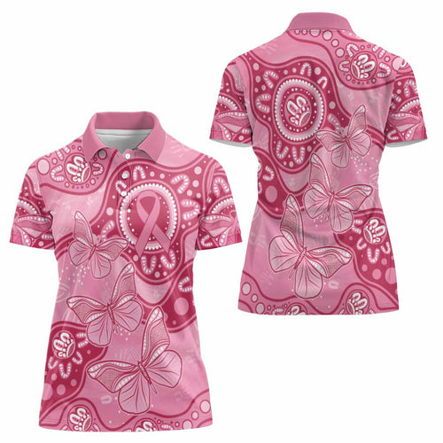 Australia Indigenous Women Polo Shirt Breast Cancer Pink Aboriginal Butterfly