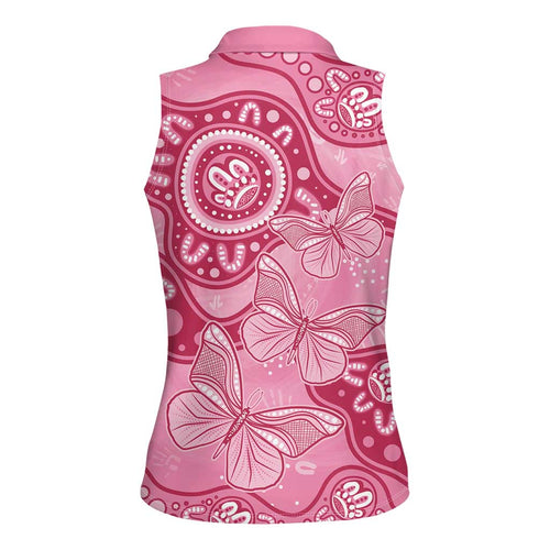 Australia Indigenous Women Sleeveless Polo Shirt Breast Cancer Pink Aboriginal Butterfly
