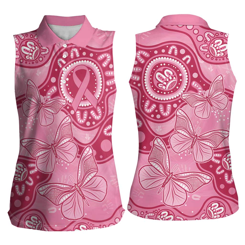 Australia Indigenous Women Sleeveless Polo Shirt Breast Cancer Pink Aboriginal Butterfly