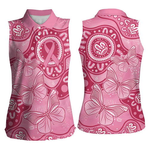 Australia Indigenous Women Sleeveless Polo Shirt Breast Cancer Pink Aboriginal Butterfly