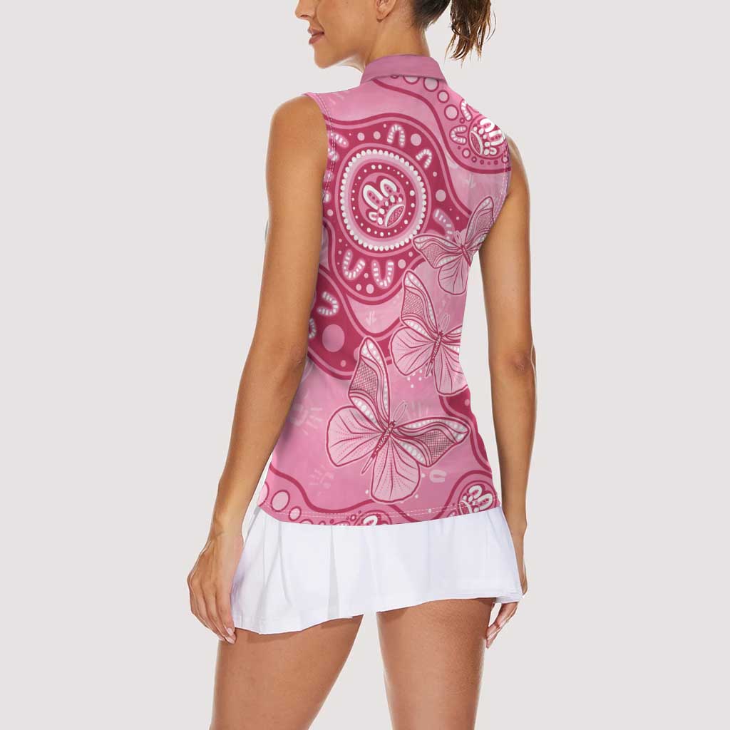 Australia Indigenous Women Sleeveless Polo Shirt Breast Cancer Pink Aboriginal Butterfly