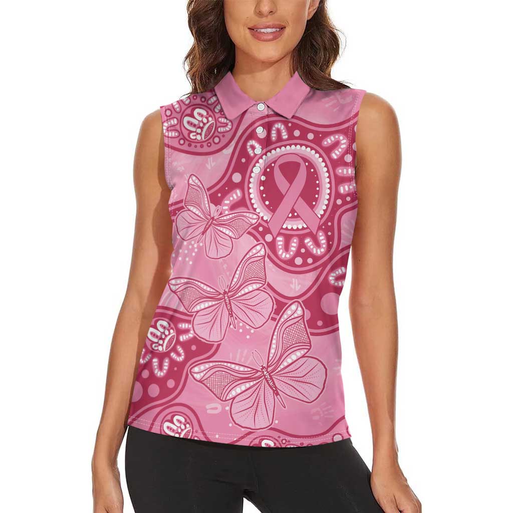 Australia Indigenous Women Sleeveless Polo Shirt Breast Cancer Pink Aboriginal Butterfly