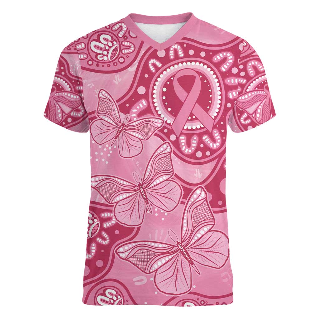Australia Indigenous Women V-Neck T-Shirt Breast Cancer Pink Aboriginal Butterfly