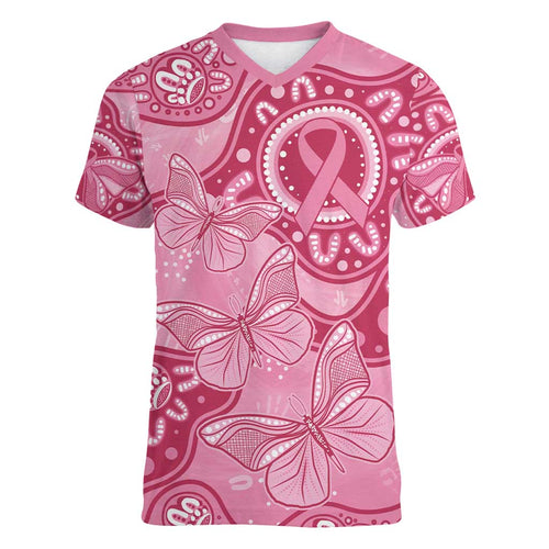 Australia Indigenous Women V-Neck T-Shirt Breast Cancer Pink Aboriginal Butterfly