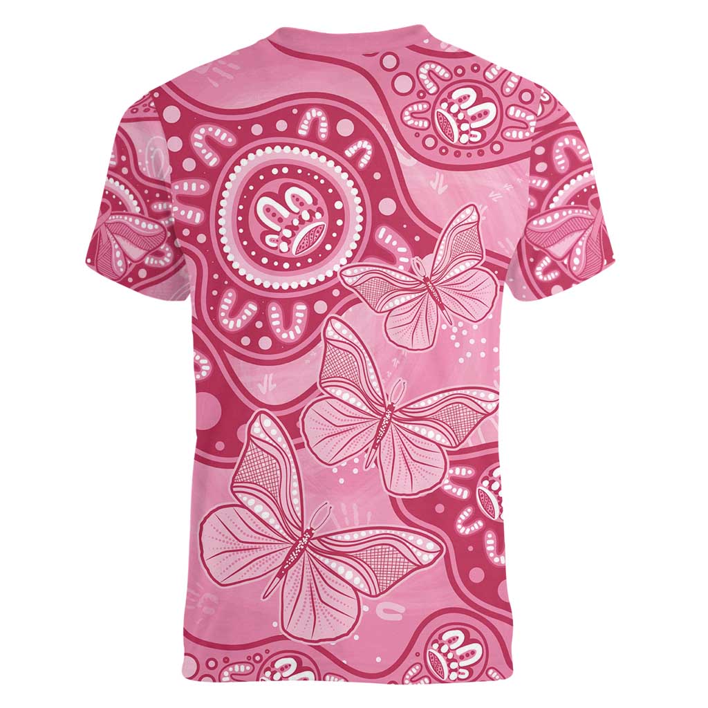 Australia Indigenous Women V-Neck T-Shirt Breast Cancer Pink Aboriginal Butterfly