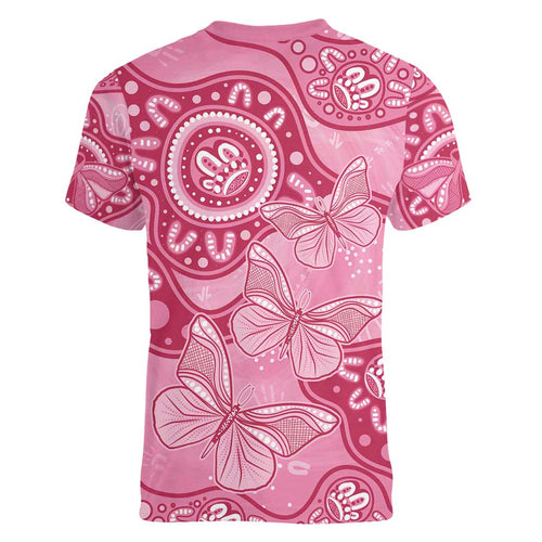 Australia Indigenous Women V-Neck T-Shirt Breast Cancer Pink Aboriginal Butterfly