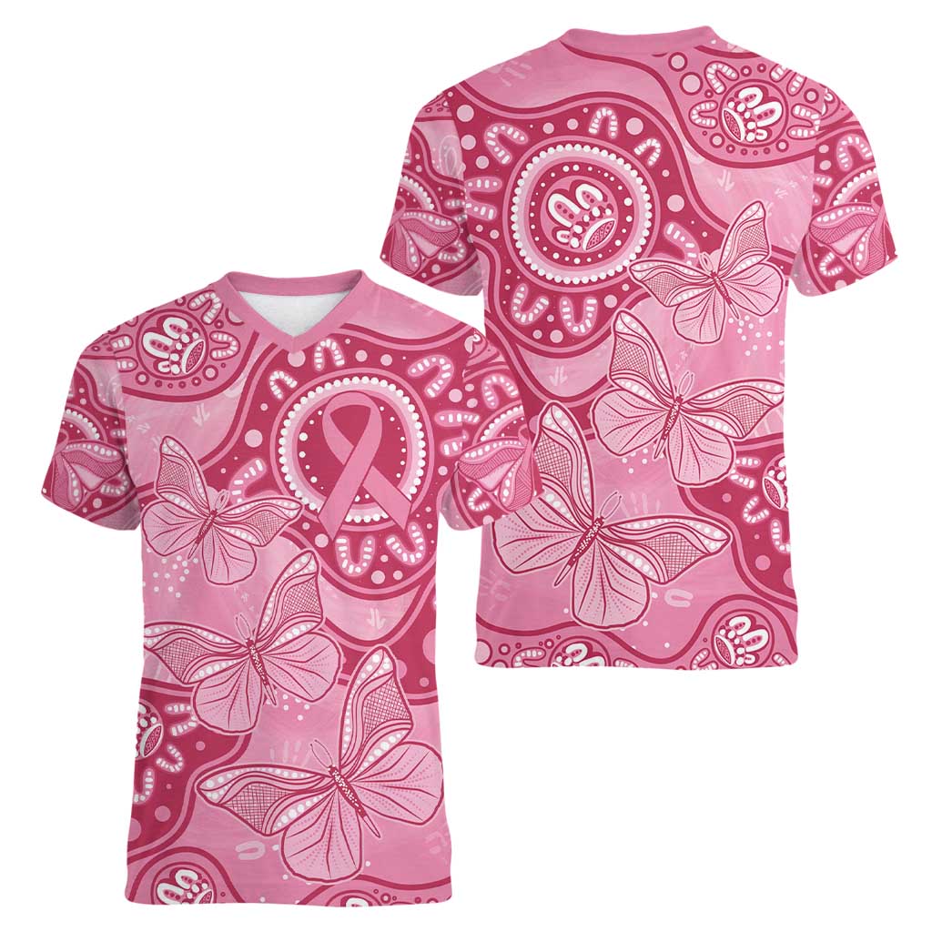 Australia Indigenous Women V-Neck T-Shirt Breast Cancer Pink Aboriginal Butterfly