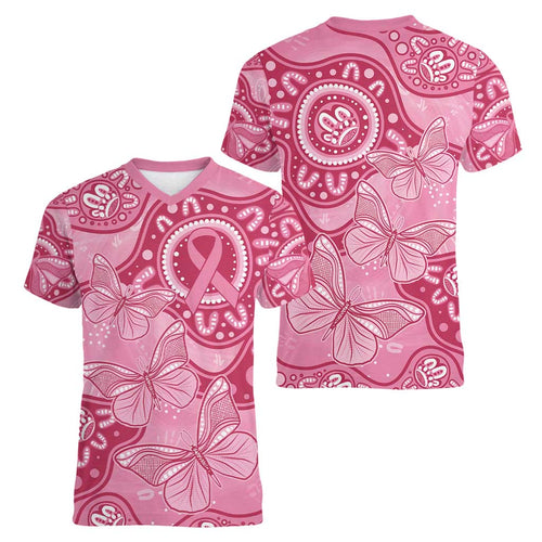 Australia Indigenous Women V-Neck T-Shirt Breast Cancer Pink Aboriginal Butterfly