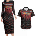 Aotearoa Maori Ngapuhi Iwi Couples Matching Long Sleeve Bodycon Dress and Hawaiian Shirt Korowai Tukutuku Kaokao Motifs