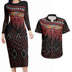 Aotearoa Maori Ngapuhi Iwi Couples Matching Long Sleeve Bodycon Dress and Hawaiian Shirt Korowai Tukutuku Kaokao Motifs