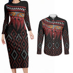 Aotearoa Maori Ngapuhi Iwi Couples Matching Long Sleeve Bodycon Dress and Long Sleeve Button Shirt Korowai Tukutuku Kaokao Motifs