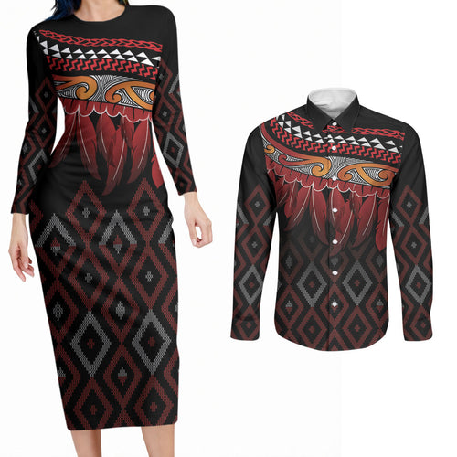Aotearoa Maori Ngapuhi Iwi Couples Matching Long Sleeve Bodycon Dress and Long Sleeve Button Shirt Korowai Tukutuku Kaokao Motifs