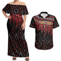 Aotearoa Maori Ngapuhi Iwi Couples Matching Off Shoulder Maxi Dress and Hawaiian Shirt Korowai Tukutuku Kaokao Motifs