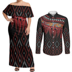 Aotearoa Maori Ngapuhi Iwi Couples Matching Off Shoulder Maxi Dress and Long Sleeve Button Shirt Korowai Tukutuku Kaokao Motifs