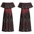 Aotearoa Maori Ngapuhi Iwi Couples Matching Off Shoulder Maxi Dress and Long Sleeve Button Shirt Korowai Tukutuku Kaokao Motifs